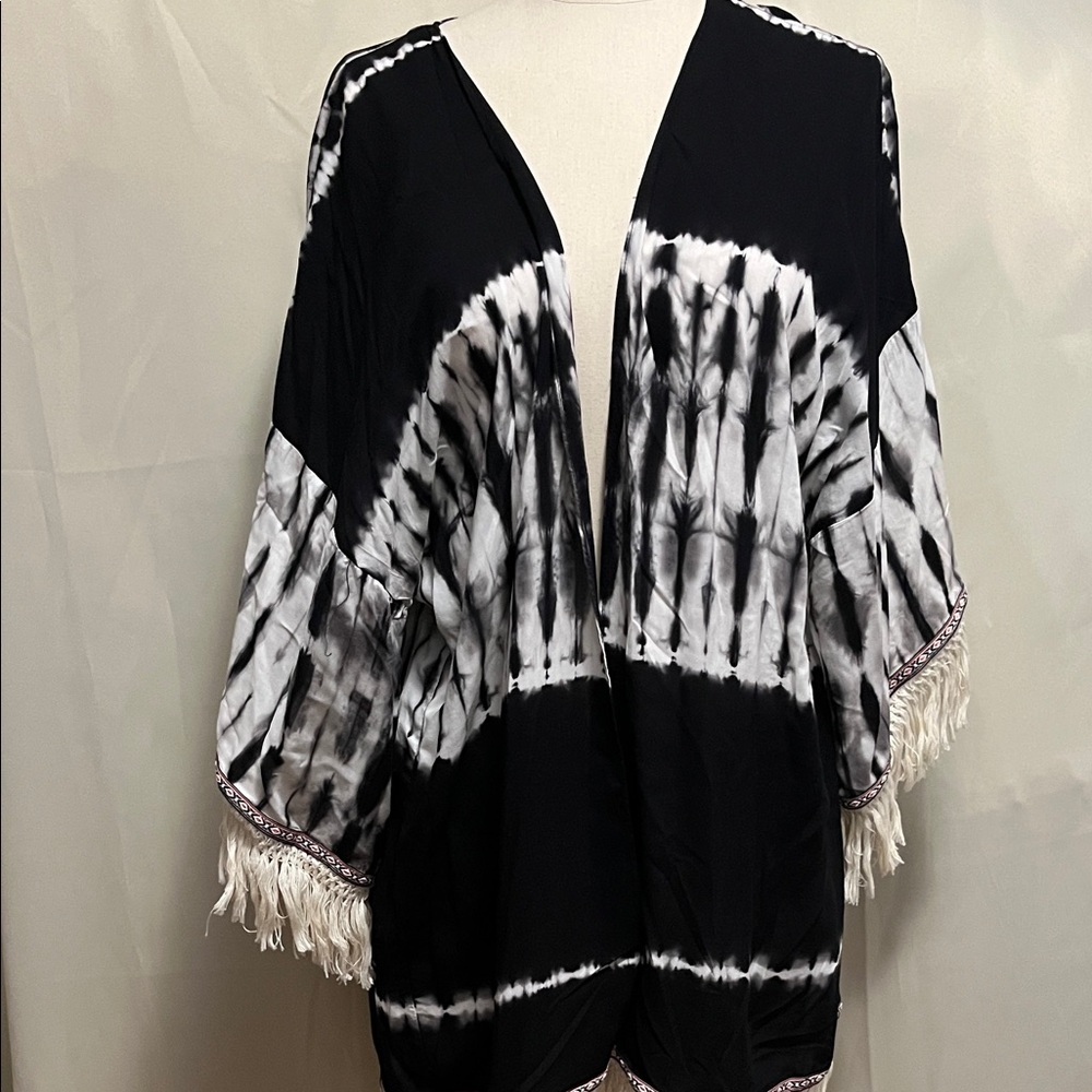Umgee Monochrome Tie-Dye Kimono with Fringe